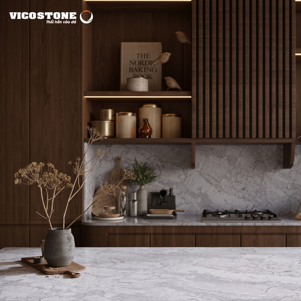 Phong cách thô mộc của gỗ tự nhiên và đá Vicostone Ninh Bình